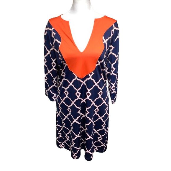 Tracy Negoshian Dress S Navy Orange White Geometric Pattern V-Neck - Picture 1 of 7